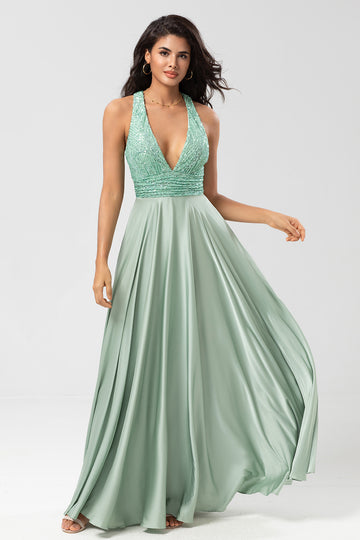 Never-Ending A Line V-Neck Matcha Long Bridesmaid Dress with Beading